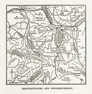Derwentwater (also Known As Keswick's Lake) Prints: Map of Derwent Water, Keswick, England Victorian Engraving, 1840