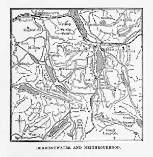 Thoroughfare Prints: Map of Derwentwater, Keswick, England Victorian Engraving, 1840