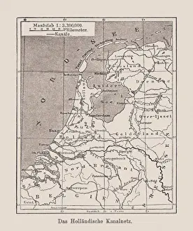 Map of the Dutch waterway network, wood engraving, published 1894