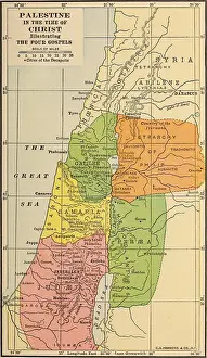 Prints of Color map of Palestine captioned 'Palestine in the Time of Christ Illustrating the Four Gospels, ' with a scale and color-coded regions, from the volume 'Ancient apostles Journey Through Time: Discover Extraordinary Historical Maps and Plans: Map Of Early Christian Palestine