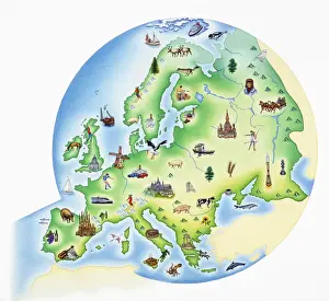 Shoreline Prints: Map of Europe with illustrations of famous landmarks and items associated with various countries