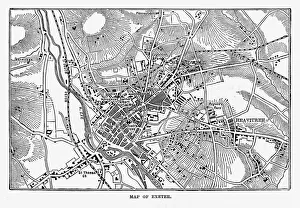 Thoroughfare Gallery: Map of Exeter in Devon, England Victorian Engraving, 1840