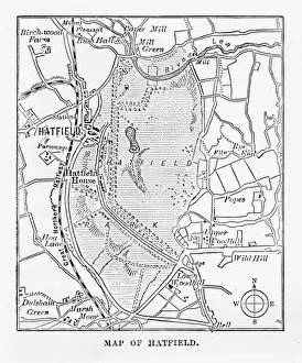 Map of Hatfield, Hertfordshire, England Victorian Engraving, 1840