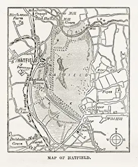 Map of Hatfield, Hertfordshire, England Victorian Engraving, 1840