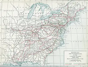 Prints of Color map illustrates highways and waterways in operation in the United States between 1826 to 1830, late nineteenth century Discover the World in Maps: Past, Present, and Beyond: Map Of Highways & Waterways In The United States, 1826 - 1830
