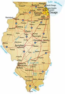 Images Dated 29th May 2018: Map of Illinois showing major cities and roads
