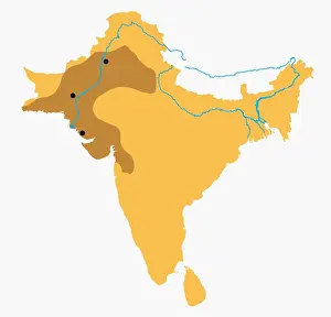 Ancient Civilisations Prints: Map of Indian Subcontinent with River Indus and Indus Valley highlighted