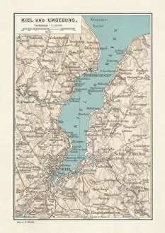 Colorful Gallery: Map of Kiel, capital of Schleswig-Holstein, Germany, lithograph, published 1887