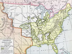 Prints of Color coded map showing the many areas of land ceded by Native American tribes, from 1816 - 1830. The map was originally published in New York, 1920. (Photo by Interim Archives/Getty Images) Discover the World in Maps: Past, Present, and Beyond: Map Of Land Ceded By Native American Tribes