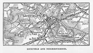 Thoroughfare Gallery: Map of Litchfield in Staffordshire, England Victorian Engraving, 1840
