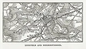 Map of Litchfield in Staffordshire, England Victorian Engraving, 1840