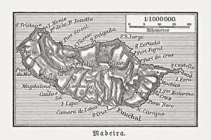 Images Dated 12th October 2018: Map of Madeira, Portuguese island, Atlantic Ocean, woodcut, published 1897