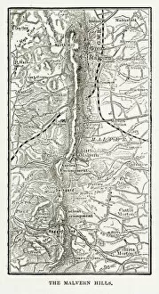 Images Dated 3rd April 2018: Map of Malvern Hills in Worcestershire, England Victorian Engraving, 1840