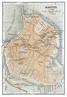Map of Mantua, a city surrounded by 3 artificial lakes in the northern Italian region of Lombardy, Italy - 1893