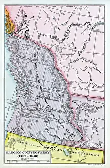 Prints of Color-coded map illustrates areas and territories related to the Oregon Controversy (1792 - 1846), late nineteenth century Discover the World in Maps: Past, Present, and Beyond: Map Of The Oregon Controversy (1792 - 1846)