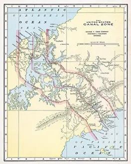 Prints of A color map of the Panama Canal zone, a ten mile long territory extending from the Atlantic Ocean to the Pacific Ocean and administered by the United States, 1922 Discover the World in Maps: Past, Present, and Beyond: Map Of The Panama Canal Zone