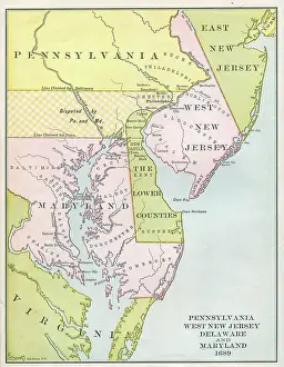 Prints of Color-coded map illustrates the borders of Pennsylvania, West New Jersey, Delaward, and Maryland, 1689. Illustration published in 1920. (Photo by Interim Archives/Getty Images) Discover the World in Maps: Past, Present, and Beyond: Map Of Pennsylvania, West New Jersey, Delaward, & Maryland, 1689