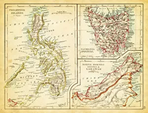 Island Of Borneo Collection: Map of Philippines Tasmania Borneo 1897