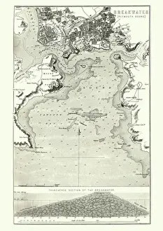 Map of Plymouth Sound and the Breakwater, Victorian 19th Century