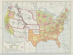 Prints of Color-coded map of the United States illustrates the results of the US Presidential election of 1860, circa 1920 Discover the World in Maps: Past, Present, and Beyond: Map Of The Presidential Election Of 1860