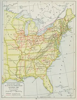 Prints of Color map illustrates US railroad lines in operation in October 1860, late nineteenth century. (Photo by Interim Archives/Getty Images) Discover the World in Maps: Past, Present, and Beyond: Map Of Railroad Lines In Actual Operation, October 1860