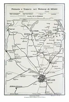Map of railways and tramways around Milan, Italy - 1893