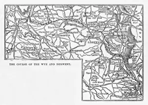 Thoroughfare Prints: Map, Rivers Wye and Derwen, Derbyshire, England Victorian Engraving, 1840