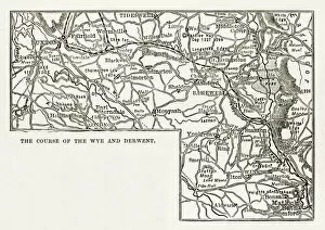Images Dated 3rd April 2018: Map, Rivers Wye and Derwen, Derbyshire, England Victorian Engraving, 1840