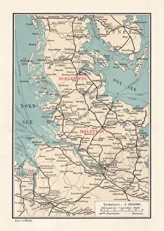 Map of Schleswig-Holstein, northernmost state of Germany, lithograph, published 1887