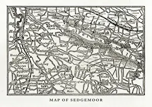 Map of Sedgemoor, Somerset, England Victorian Engraving, 1840