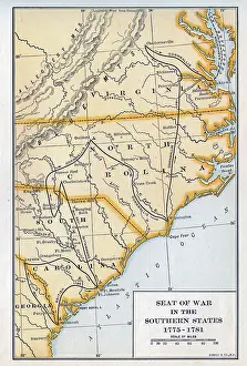 Prints of Map showing the seat of war in the Southern States of the North American colonies, from 1775 - 1781. The map was originally published in New York, 1920. (Photo by Interim Archives/Getty Images) Discover the World in Maps: Past, Present, and Beyond: Map Showing The Seat Of War
