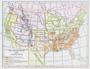 Prints of Color-coded map illustrates the distribution of the slave population, slave states, the territories open to slavery, in the United States in 1860, 1920. (Photo by Interim Archives/Getty Images) Discover the World in Maps: Past, Present, and Beyond: Map Of Slavery Distribution In The United States