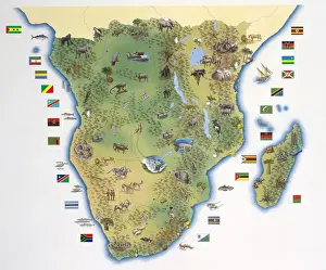 Namibia Prints: Map of Southern Africa, with illustrations showing distinguishing features