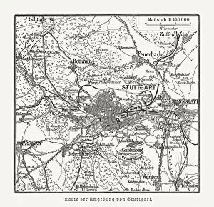 Surrounding Gallery: Map of Stuttgart, Baden-WAOErttemberg, Germany and surroundings, woodcut, published 1897