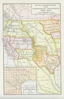 Prints of Color-coded map illustrates the Texas Controversy and Territorial Adjustment (1836 - 1850), with an inset of the Official Map of Spanish Texas, 1816, late nineteenth century Discover the World in Maps: Past, Present, and Beyond: Map Of The Texas Controversy & Territorial Adjustment (1836 - 1850)