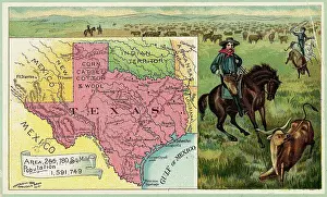 Map Of Texas & Cowboys Roping Cattle