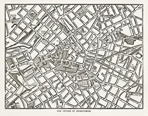 Map of The Town Center of Birmingham, England Victorian Engraving, 1840