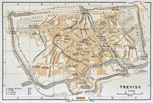 Map of Treviso, a city in northeastern Italy with many canals, Italy - 1893
