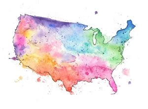 Pink Color Gallery: Map of United States with Watercolor Texture - Raster Illustration