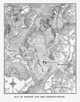 Images Dated 9th August 2016: Map of Woburn and Neighborhoods, England Victorian Engraving, Circa 1840