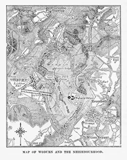 Bedfordshire Prints: Map of Woburn and Neighborhoods, England Victorian Engraving, Circa 1840