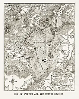 Map of Woburn and Neighborhoods, England Victorian Engraving, Circa 1840
