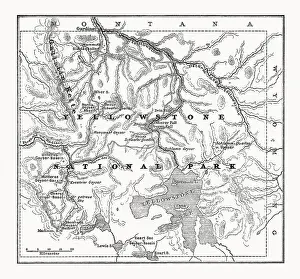 Map of Yellowstone National Park, USA, wood engraving, published 1899