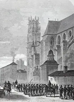 March of the North German Landwehr through the commune of Pont-a-Mousson on 11 September, France, in the Franco-Prussian War 1870-1871, Historical, digitally restored reproduction of a 19th century original, exact original date unknown