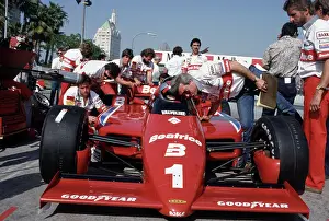 Prints of LONG BEACH, CALIFORNIA - APRIL 13 : Racer Mario Andretti (1) driving a Newman/Haas Beatrice Lola T-900 C at the Toyota Long Beach Grand Prix race, April 13, 1985 in Long Beach, California Legends of the Track: Mario Andretti at Toyota Long Beach Grand Prix Race 1985