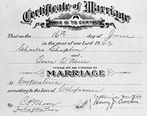 Prints of (Original Caption). To Whom It May Concern Master of Mime, Icon of Cinema: Chaplin in Prints: Marriage Certificate of Charlie Chaplin and Oona O'Neill