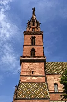 Exterior View Gallery: Martinsturm tower of Basel Cathedral with a sundial, Basel, Switzerland, Europe