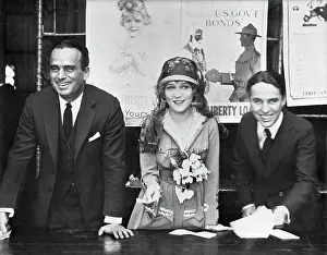 Prints of Douglas Fairbanks, Sr. Mary Pickford, and Charlie Chaplin at a World War I Victory Bond Rally. Pickford wears a suit designed by Lady Duff-Gordon (Lucile) for the film The Little American Master of Mime, Icon of Cinema: Chaplin in Prints: Mary Pickford with Charlie Chaplin and Douglas Fairbanks, Sr