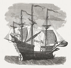 Oriental Style Woodblock Art Collection: Mary Rose, warship of English King Henry VIII, woodcut, 1880