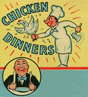 Chicken Prints: Matchbook image of chef holding chicken